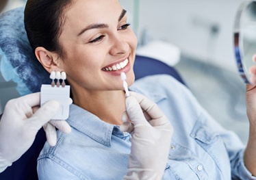 Patient smiling in dentist’s mirror during smile makeover consultation