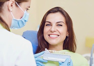 Woman getting color-matched for veneers in Garland